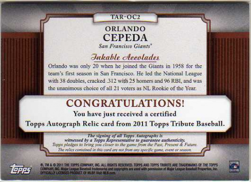 2011 Topps Tribute Autograph Relics #OC2 Orlando Cepeda back image