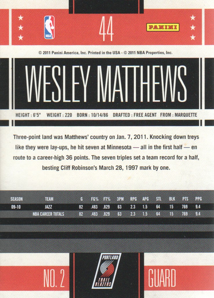 2010-11 Classics #44 Wesley Matthews back image