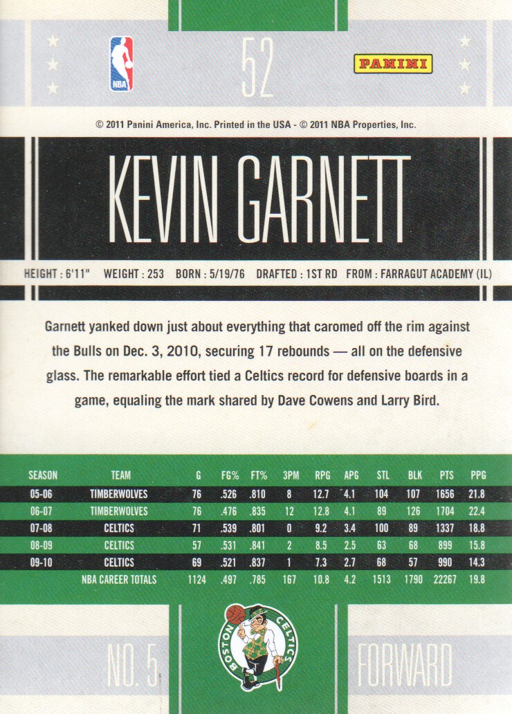 2010-11 Classics #52 Kevin Garnett back image