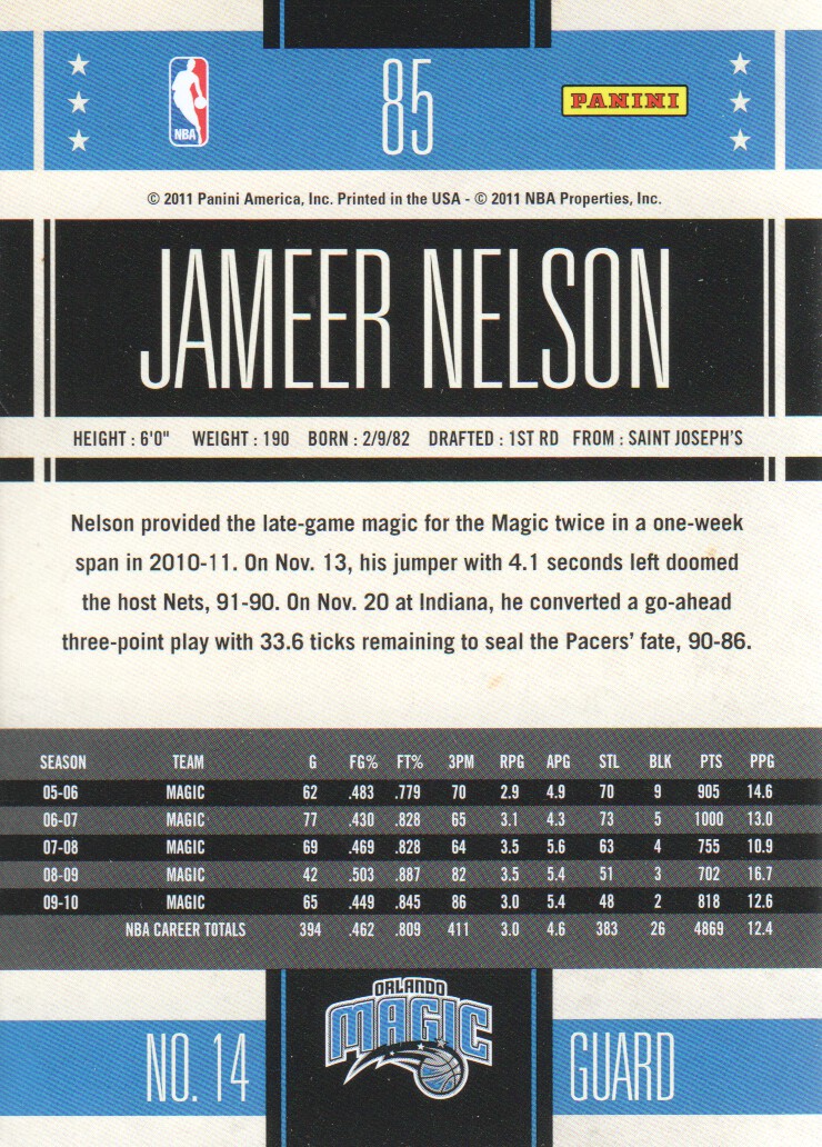 2010-11 Classics #85 Jameer Nelson back image