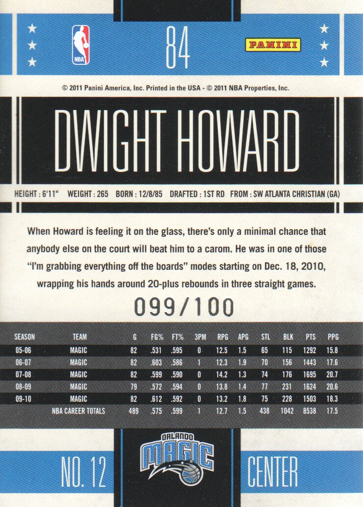 2010-11 Classics Timeless Tributes Gold #84 Dwight Howard back image