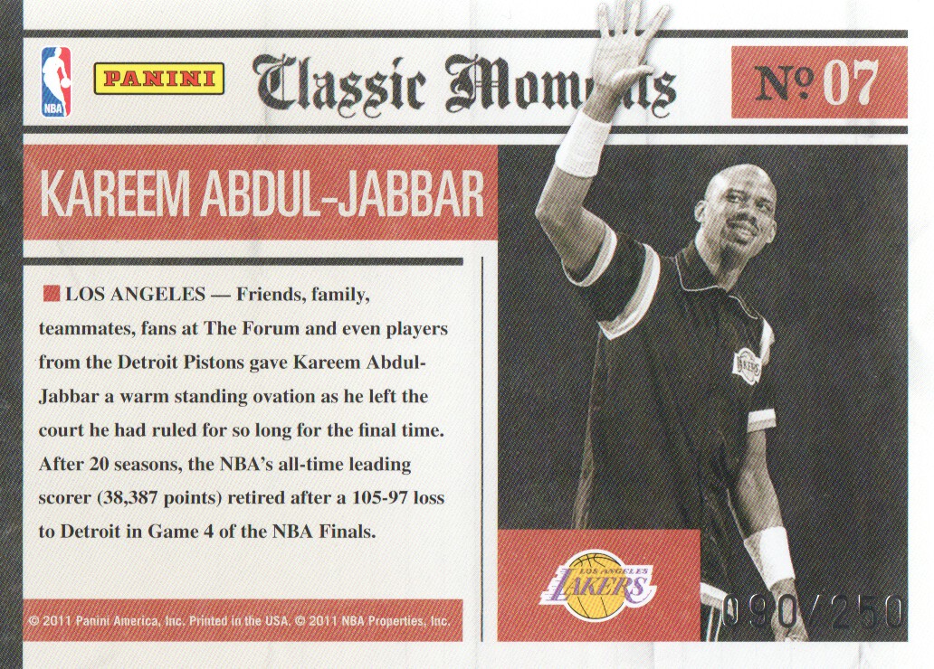 2010-11 Classics Classic Moments Silver #7 Kareem Abdul-Jabbar back image