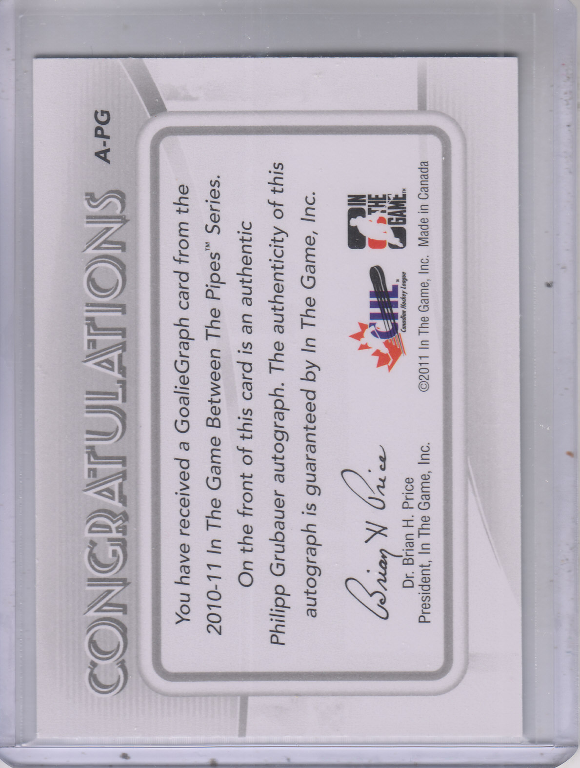 2010-11 Between The Pipes Autographs #APG Philipp Grubauer back image