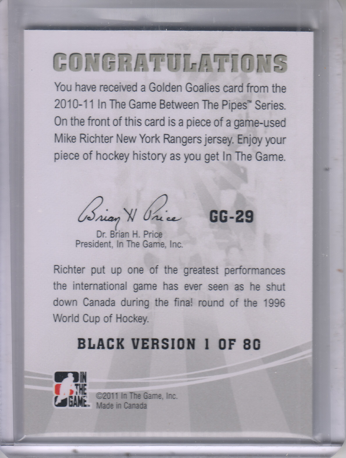 2010-11 Between The Pipes Golden Goalies Jerseys Black #GG29 Mike Richter back image