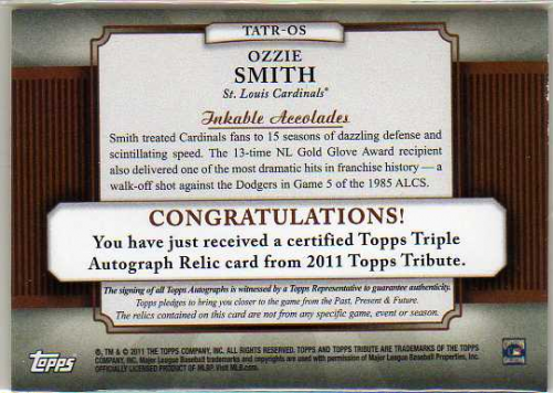 2011 Topps Tribute Autograph Triple Relics Gold #OS Ozzie Smith back image