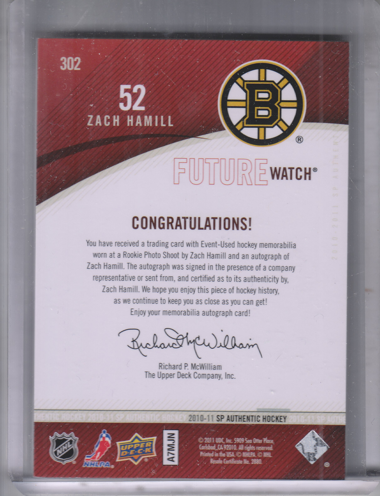 2010-11 SP Authentic Limited Autographed Patches #302 Zach Hamill back image