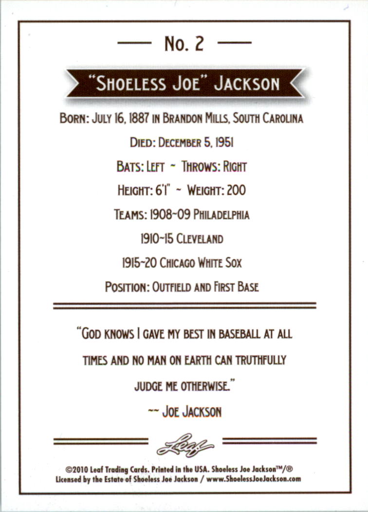 2010 Leaf Joe Jackson #2 Joe Jackson back image