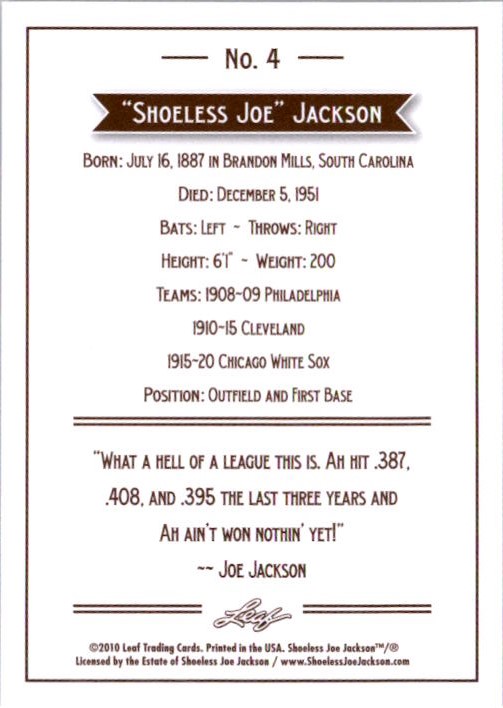 2010 Leaf Joe Jackson #4 Joe Jackson back image