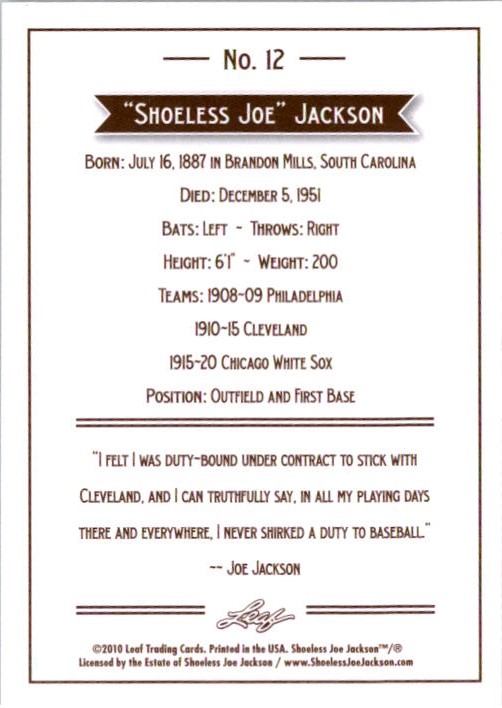 2010 Leaf Joe Jackson #12 Joe Jackson back image