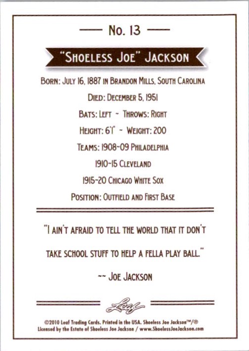 2010 Leaf Joe Jackson #13 Joe Jackson back image
