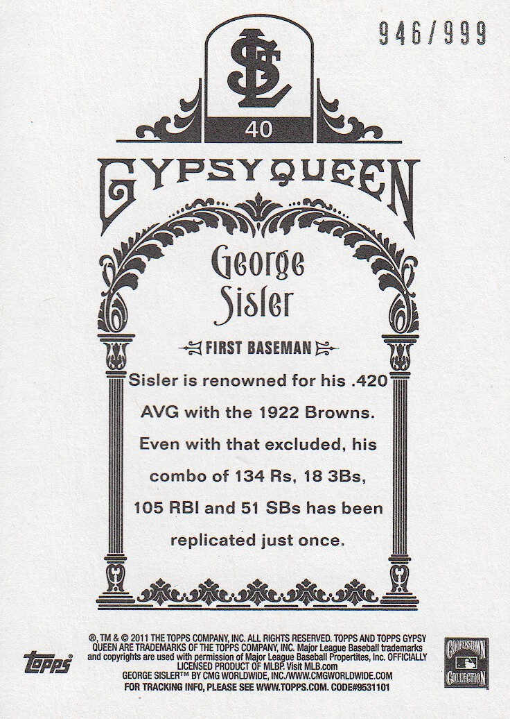 2011 Topps Gypsy Queen Framed Paper #40 George Sisler back image