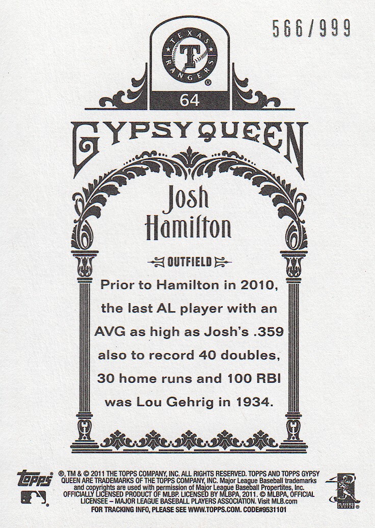 2011 Topps Gypsy Queen Framed Paper #64 Josh Hamilton back image
