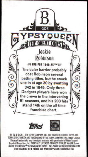 2011 Topps Gypsy Queen Great Ones Mini #GO8 Jackie Robinson back image
