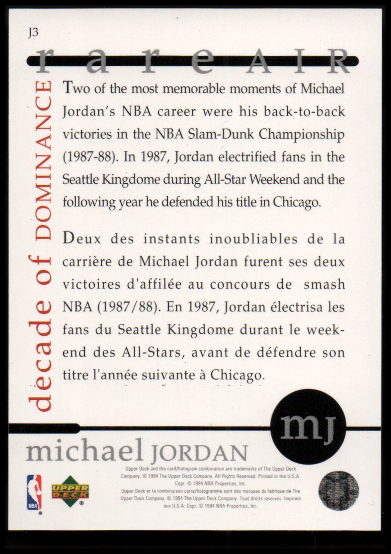1994-95 Collector's Choice International Spanish Decade of Dominance #J3 Michael Jordan/'87 Slam-Dunk Champion back image
