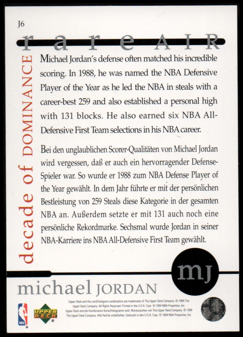 1994-95 Collector's Choice International Spanish Decade of Dominance #J6 Michael Jordan/'88 NBA Defensive POY back image