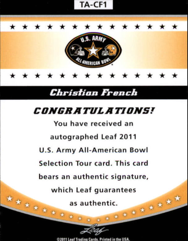 2011 Leaf Army All-American Bowl Tour Autographs #TACF1 Christian French back image
