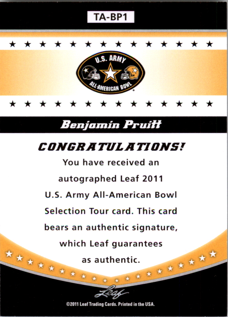 2011 Leaf Army All-American Bowl Tour Autographs Black #TABP1 Benjamin Pruitt back image