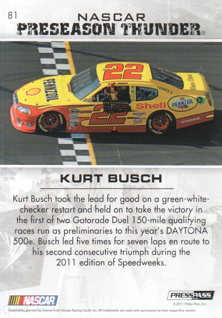 2011 Press Pass Premium #81 Kurt Busch PT back image