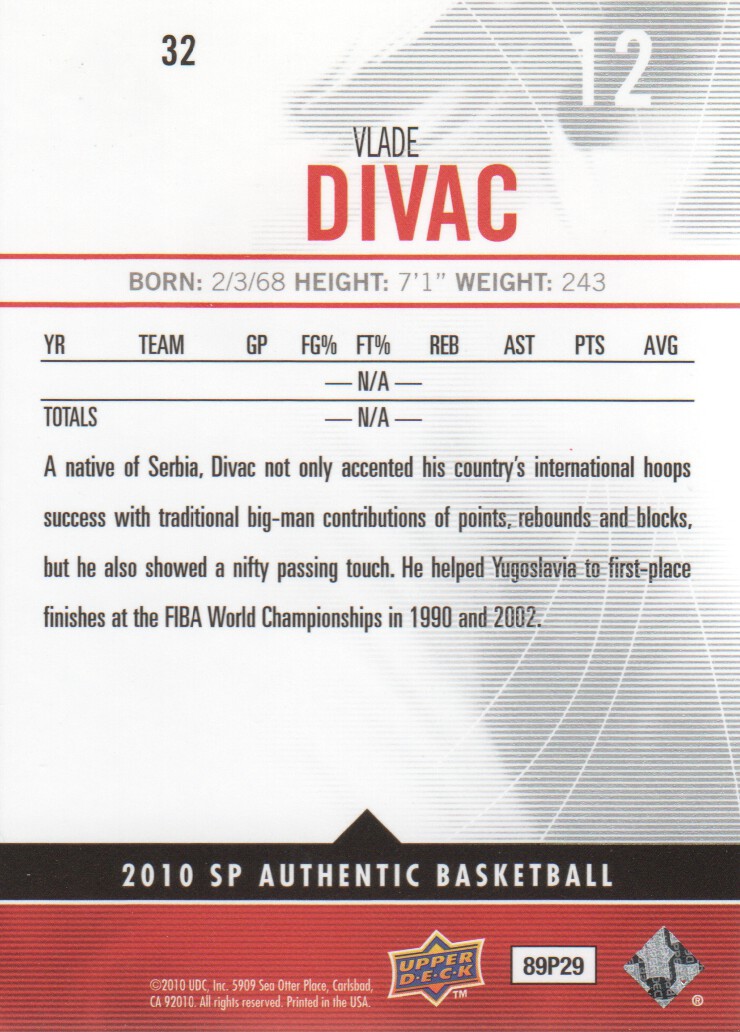 2010-11 SP Authentic #32 Vlade Divac back image