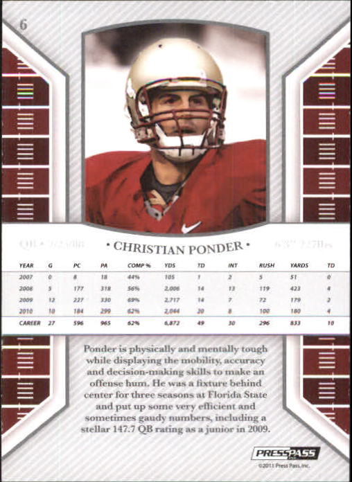 2011 Press Pass Legends Bronze #6 Christian Ponder back image