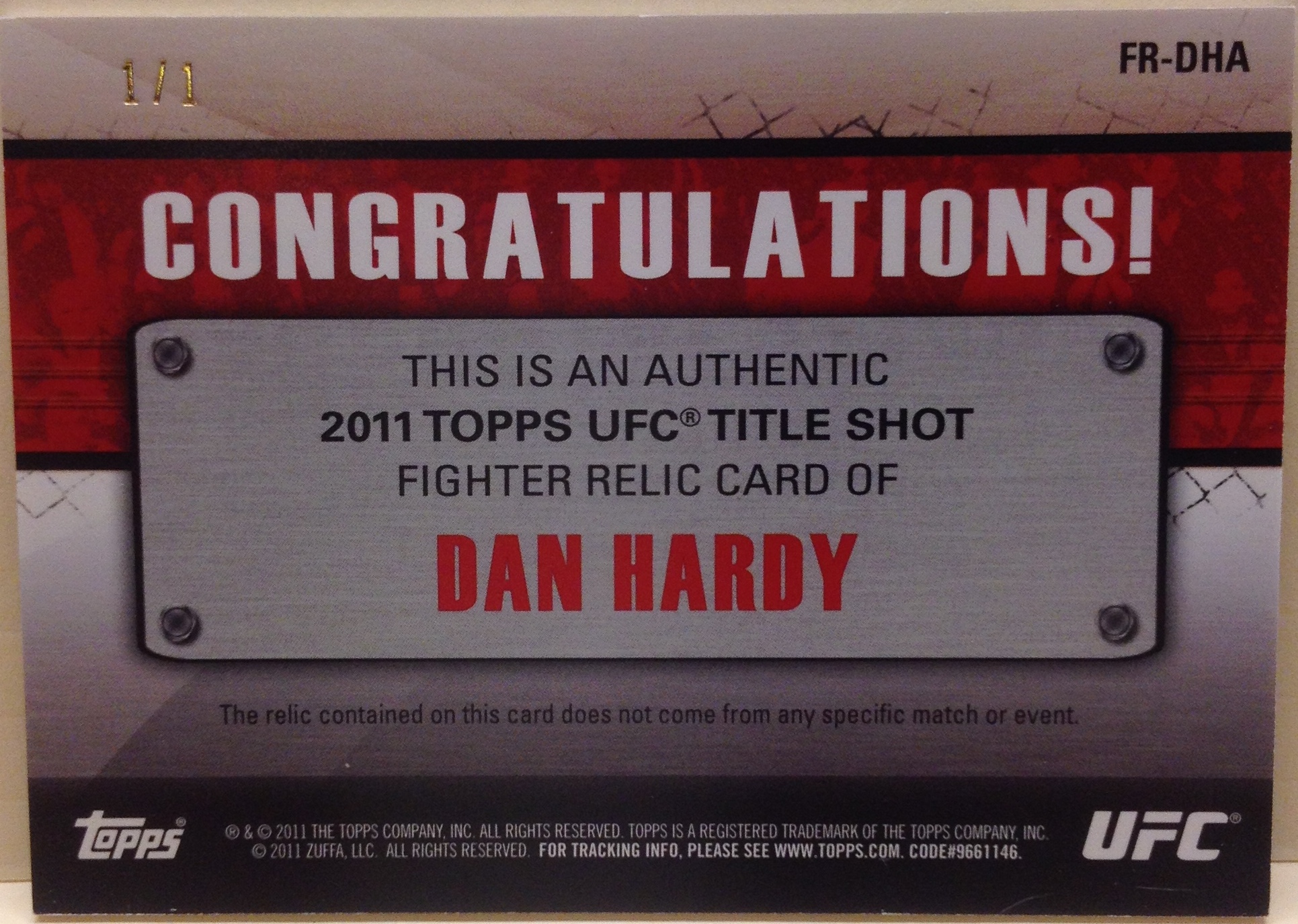 2011 Topps UFC Title Shot Fighter Relics Diamond #FRDHA Dan Hardy back image