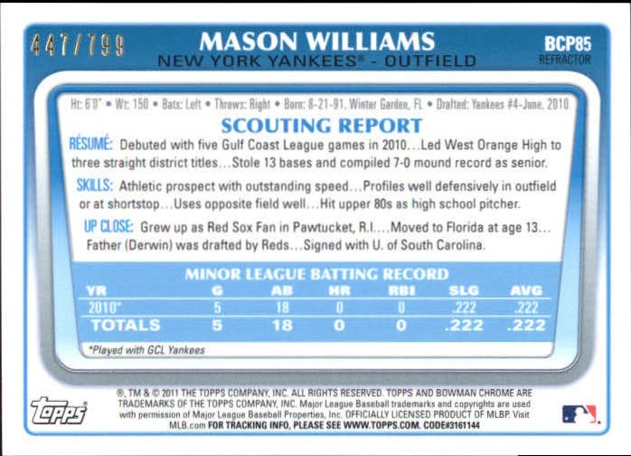 2011 Bowman Chrome Prospects Refractors #BCP85 Mason Williams back image