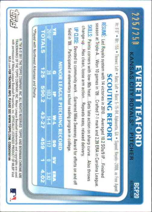 2011 Bowman Chrome Prospects Blue Refractors #BCP20 Everett Teaford back image