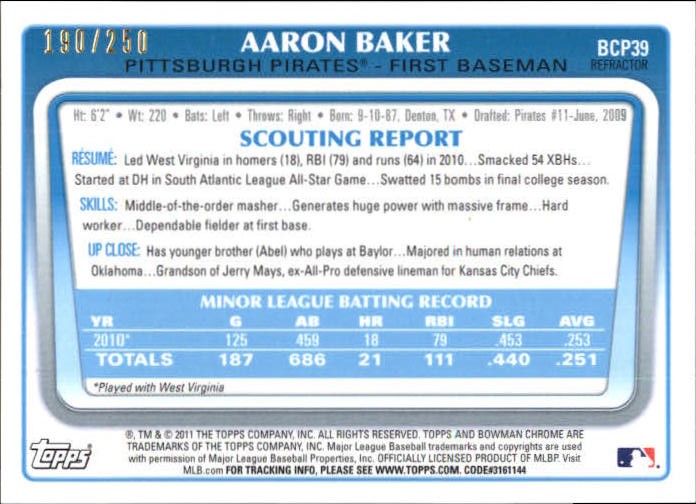 2011 Bowman Chrome Prospects Blue Refractors #BCP39 Aaron Baker back image
