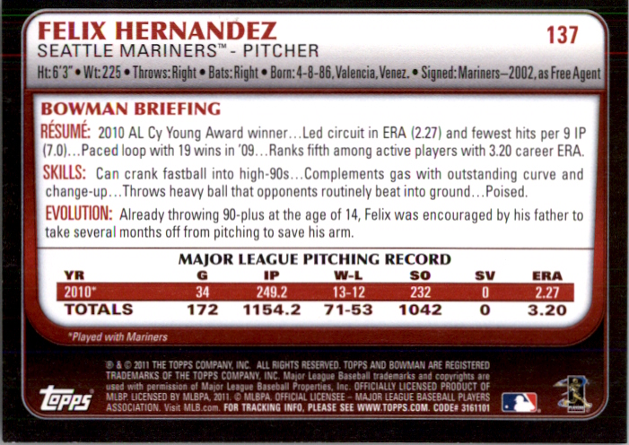 2011 Bowman #137 Felix Hernandez back image