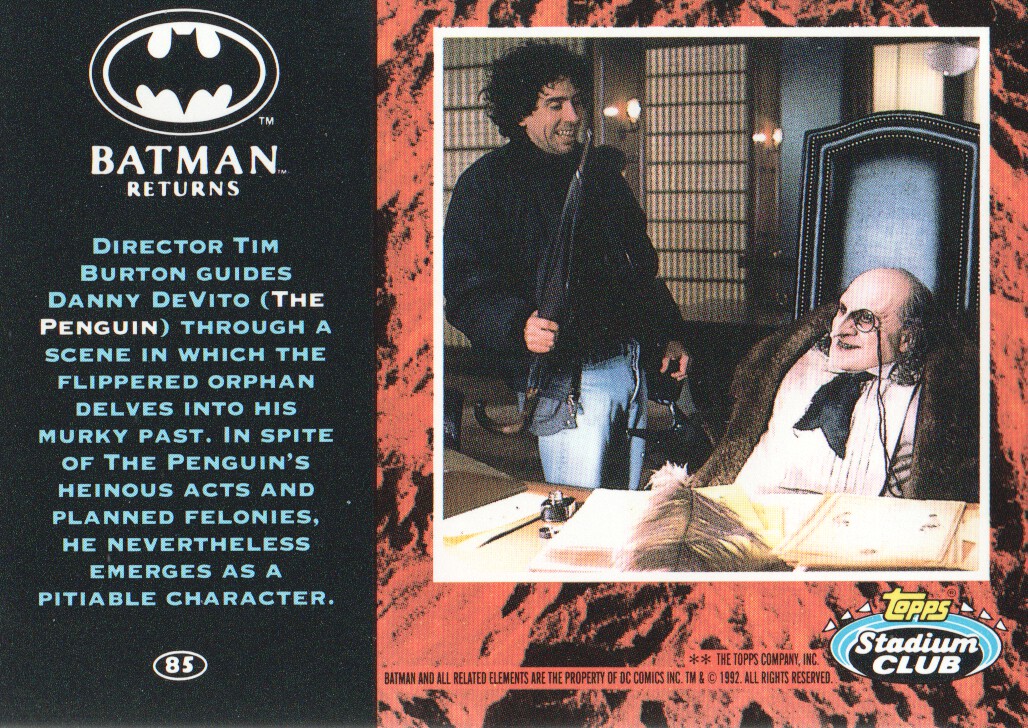 1992 Stadium Club Batman Returns #85 Director Tim Burton guides Danny DeVito back image