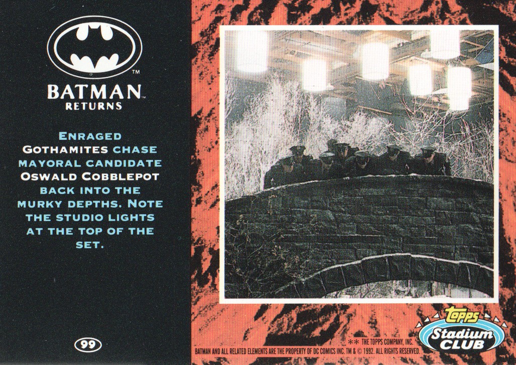 1992 Stadium Club Batman Returns #99 Enraged Gothamites chase back image