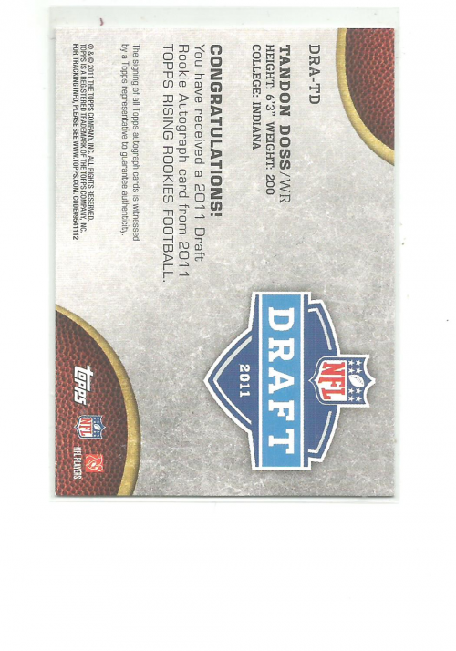 2011 Topps Rising Rookies NFL Draft Autographs #DRATD Tandon Doss/260 back image