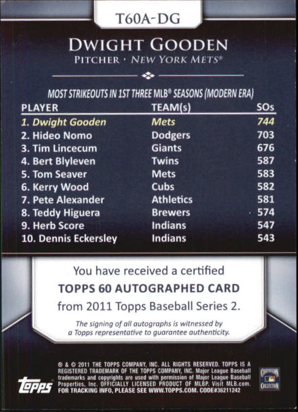 2011 Topps 60 Autographs #DG Dwight Gooden S2 back image
