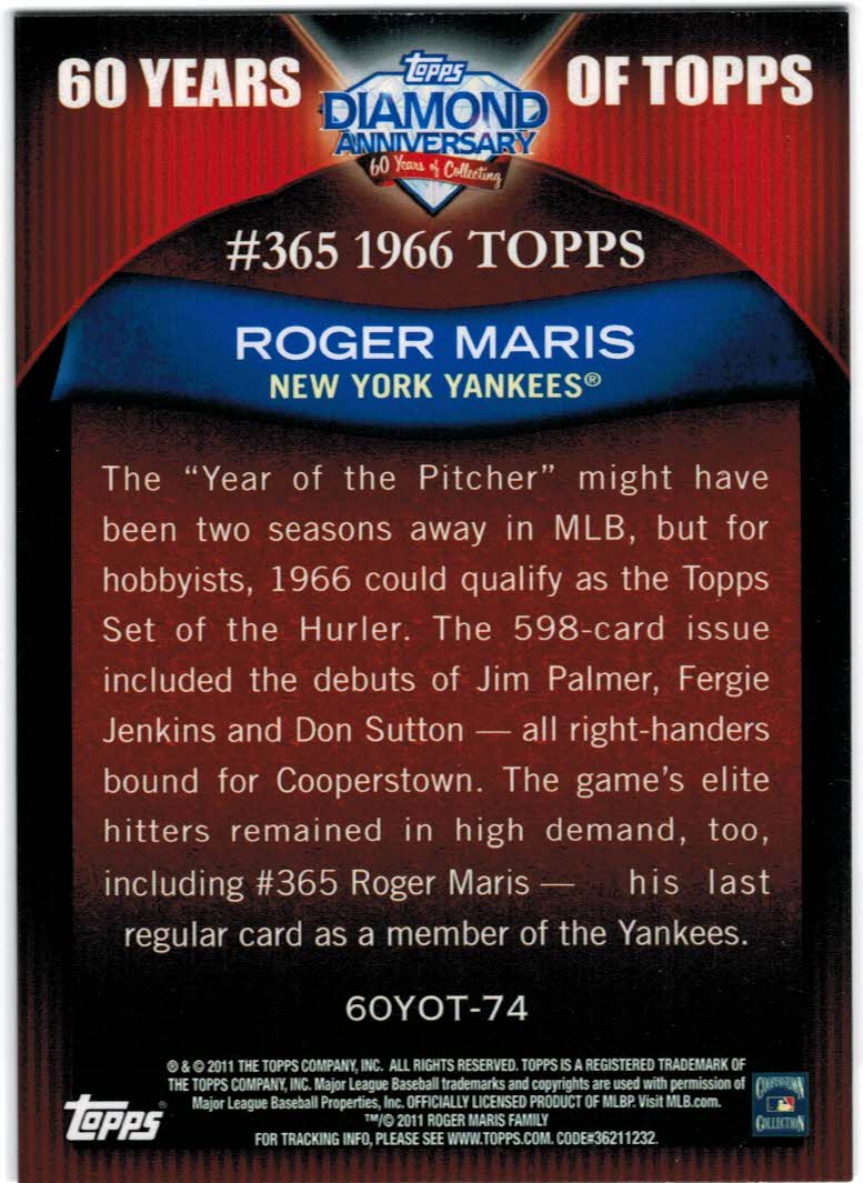 2011 Topps 60 Years of Topps #74 Roger Maris back image
