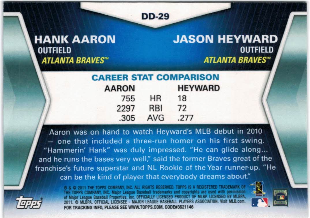 2011 Topps Diamond Duos Series 2 #DD29 Hank Aaron/Jason Heyward back image