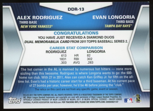 2011 Topps Diamond Duos Relics Series 2 #DDR13 Alex Rodriguez/Evan Longoria back image
