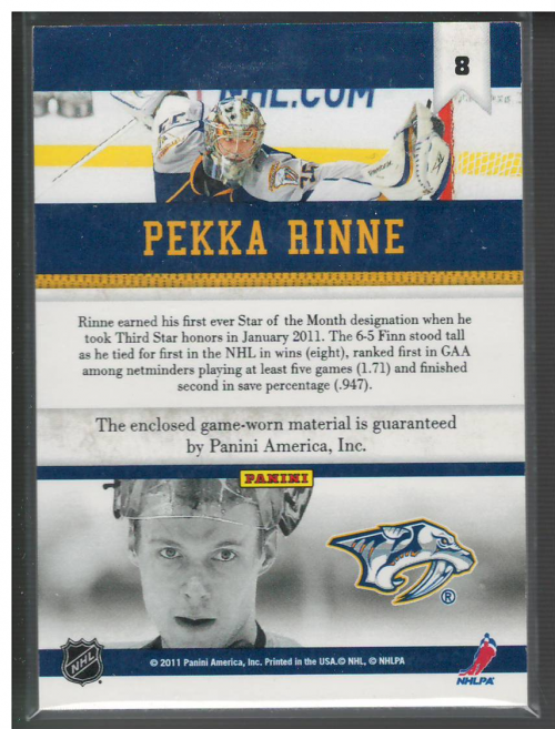 2010-11 Panini All Goalies Stopper Sweaters #8 Pekka Rinne back image