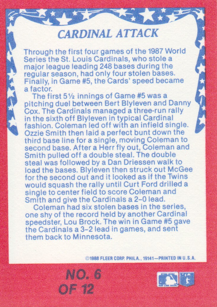 1988 Fleer World Series Glossy #6 Vince Coleman back image