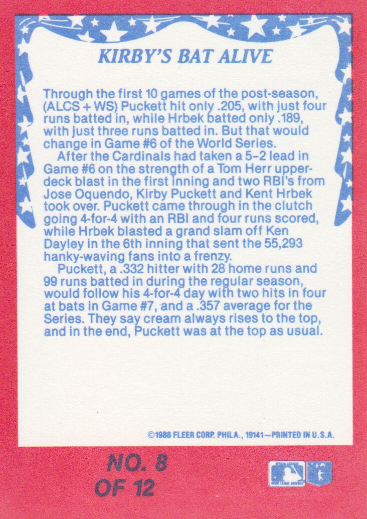 1988 Fleer World Series Glossy #8 Kirby Puckett back image