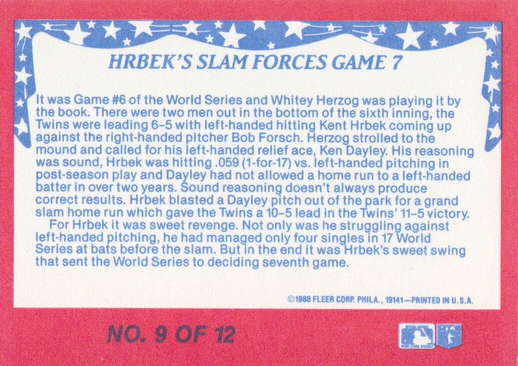 1988 Fleer World Series Glossy #9 Kent Hrbek back image