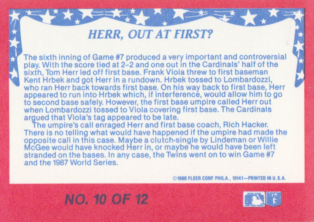 1988 Fleer World Series Glossy #10 Tom Herr back image