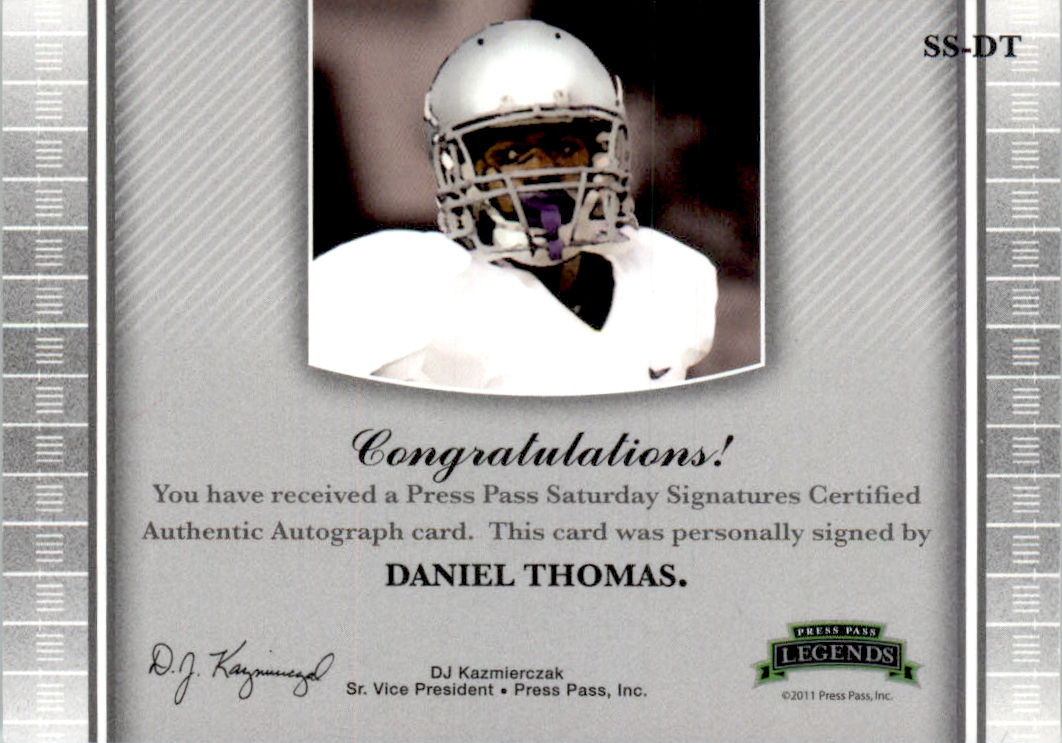 2011 Press Pass Legends Saturday Signatures Emerald #SSDT Daniel Thomas/88 back image