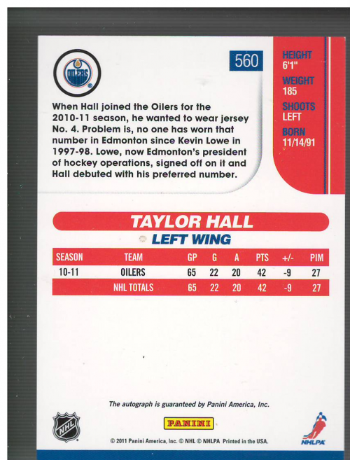 2010-11 Score Signatures #560 Taylor Hall back image