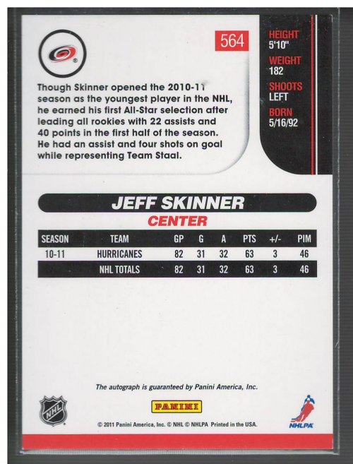 2010-11 Score Signatures #564 Jeff Skinner back image