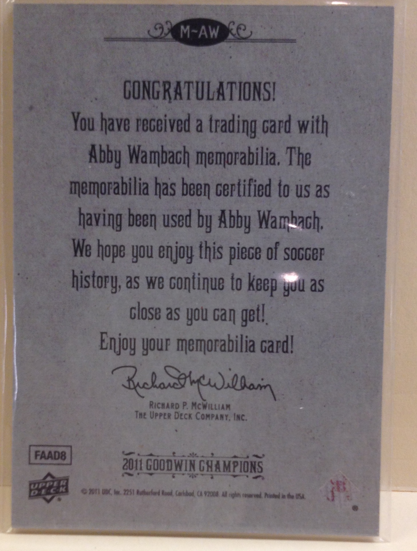 2011 Upper Deck Goodwin Champions Memorabilia #AW Abby Wambach C back image