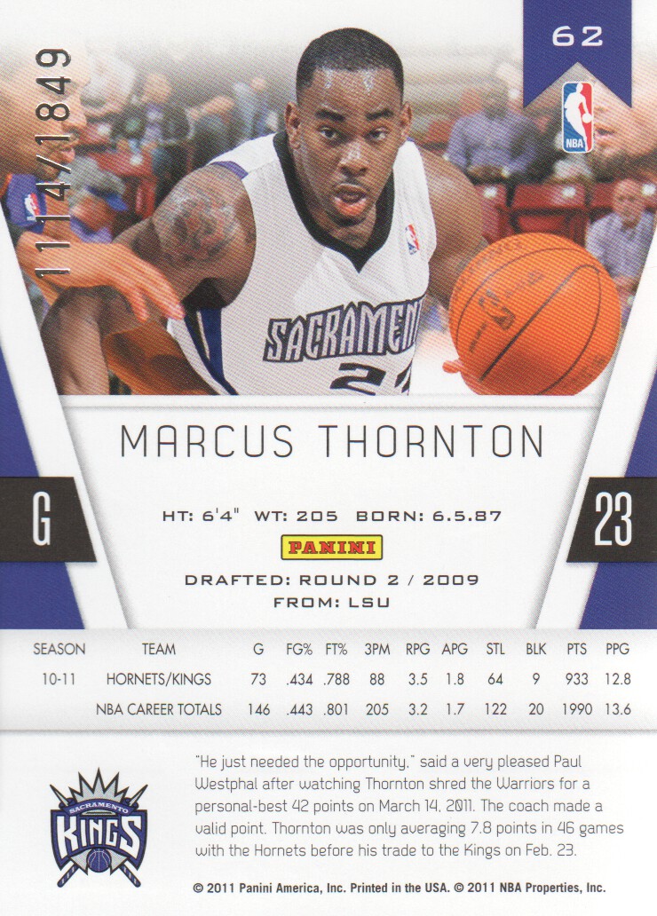 2010-11 Totally Certified #62 Marcus Thornton back image