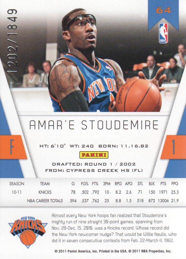 2010-11 Totally Certified #64 Amare Stoudemire back image