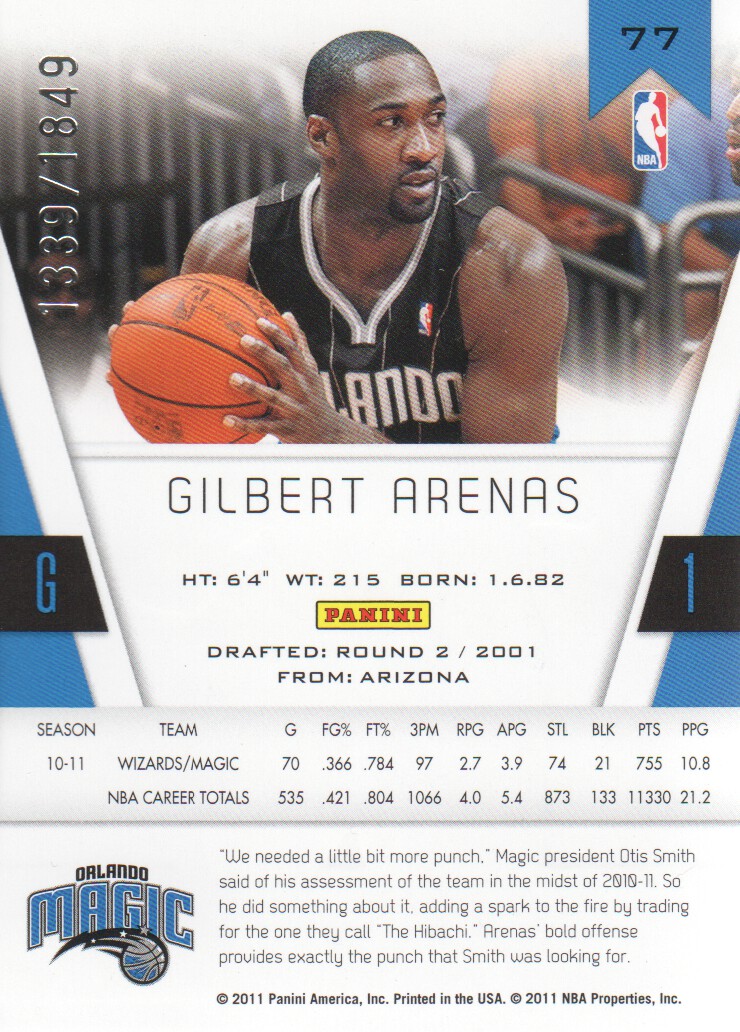 2010-11 Totally Certified #77 Gilbert Arenas back image