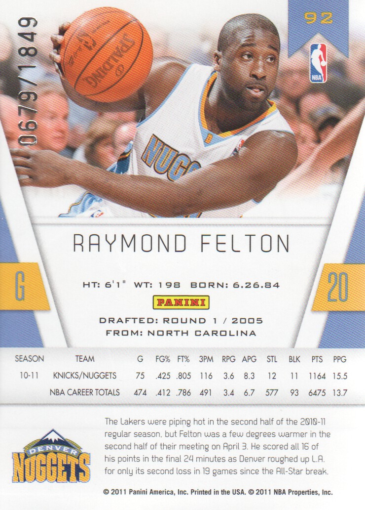 2010-11 Totally Certified #92 Raymond Felton back image