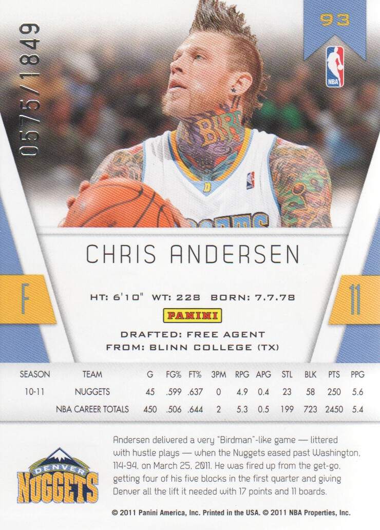2010-11 Totally Certified #93 Chris Andersen back image